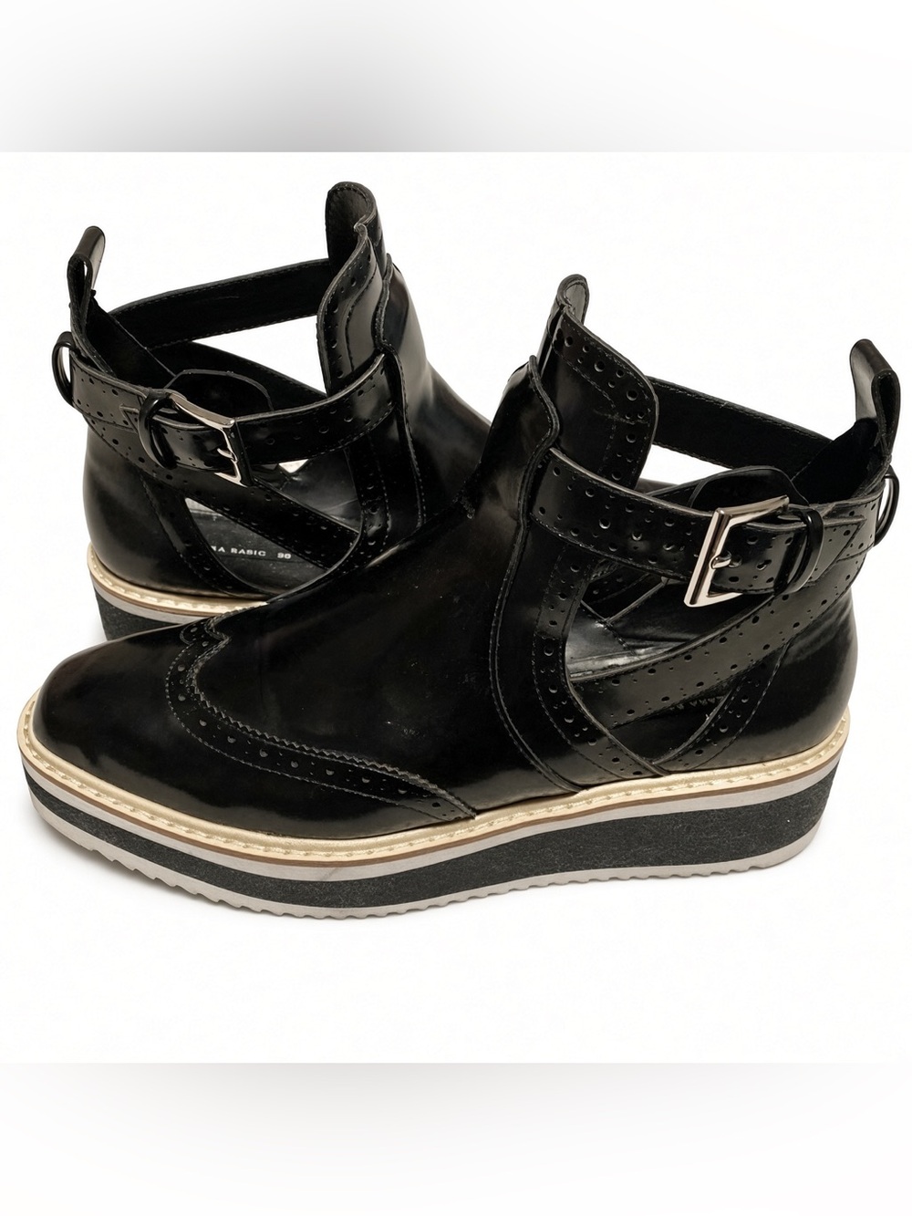 Zara Basic Black Patent Cutout Wingtip Ankle Boots EU 38 US 7.5